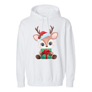 Cute Festive Christmas Reindeer Present Garment-Dyed Fleece Hoodie