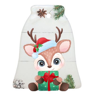 Cute Festive Christmas Reindeer Present Ceramic Bell Ornament