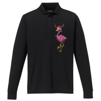 Cute Flamingo Christmas Tree Reindeer Antlers Funny Gift  Performance Long Sleeve Polo