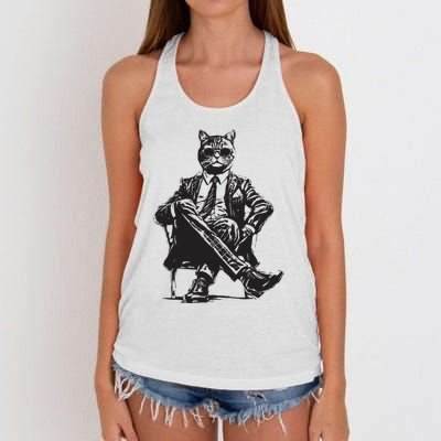 Cat Funny Cat Of Wall Street Womens TeesCat Women's Knotted Racerback Tank