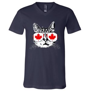 Canada Flag Canadian Cat Sunglasses Funny Women V-Neck T-Shirt