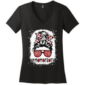 Cheer Football Cheerleading Mom Of Both Messy Hair Bun Women's V-Neck T-Shirt