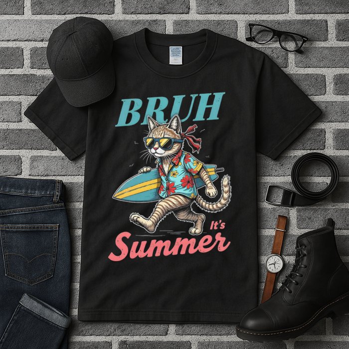 Cool Funny Cat In Shades Bruh Its Summer Surfboard Vacation Tall T-Shirt