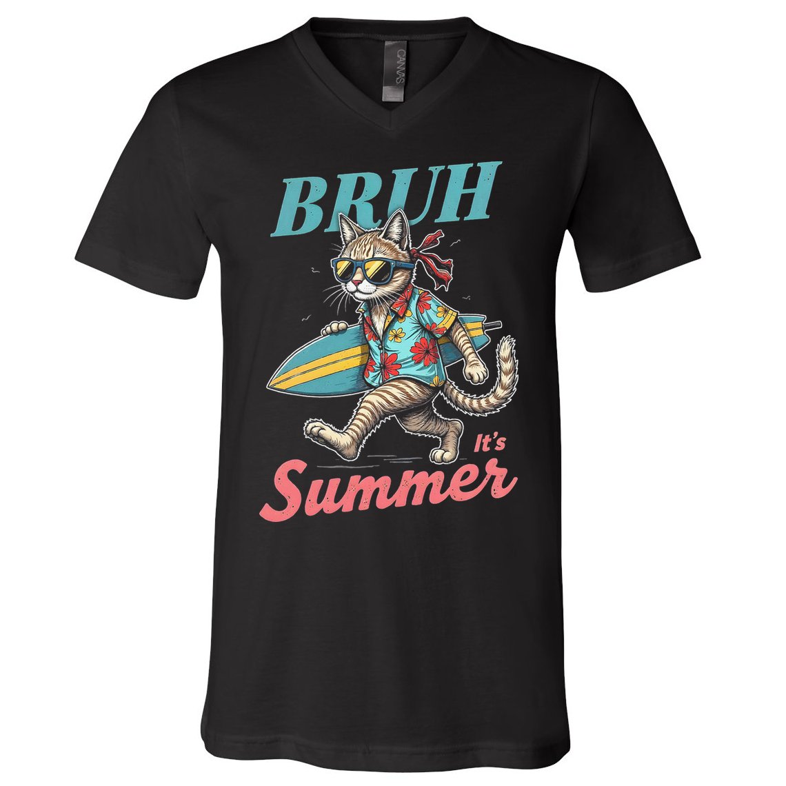 Cool Funny Cat In Shades Bruh Its Summer Surfboard Vacation V-Neck T-Shirt
