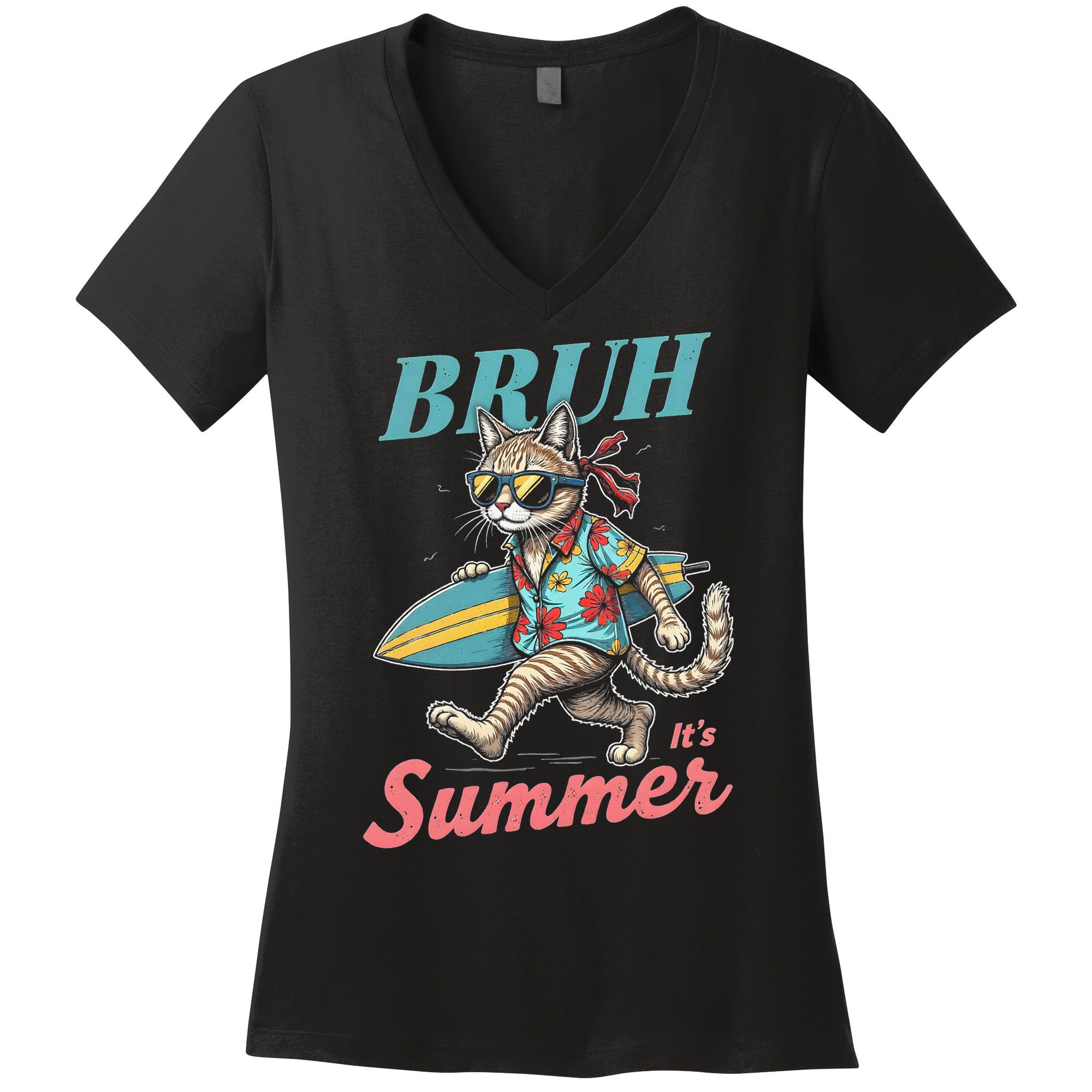 Cool Funny Cat In Shades Bruh Its Summer Surfboard Vacation Women's V-Neck T-Shirt