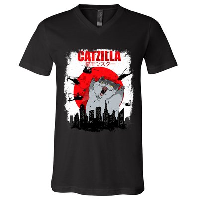 Catzilla Funny Cat Graphic Vintage For Cat Lover V-Neck T-Shirt