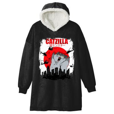 Catzilla Funny Cat Graphic Vintage For Cat Lover Hooded Wearable Blanket
