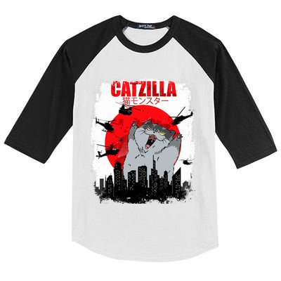 Catzilla Funny Cat Graphic Vintage For Cat Lover Kids Colorblock Raglan Jersey