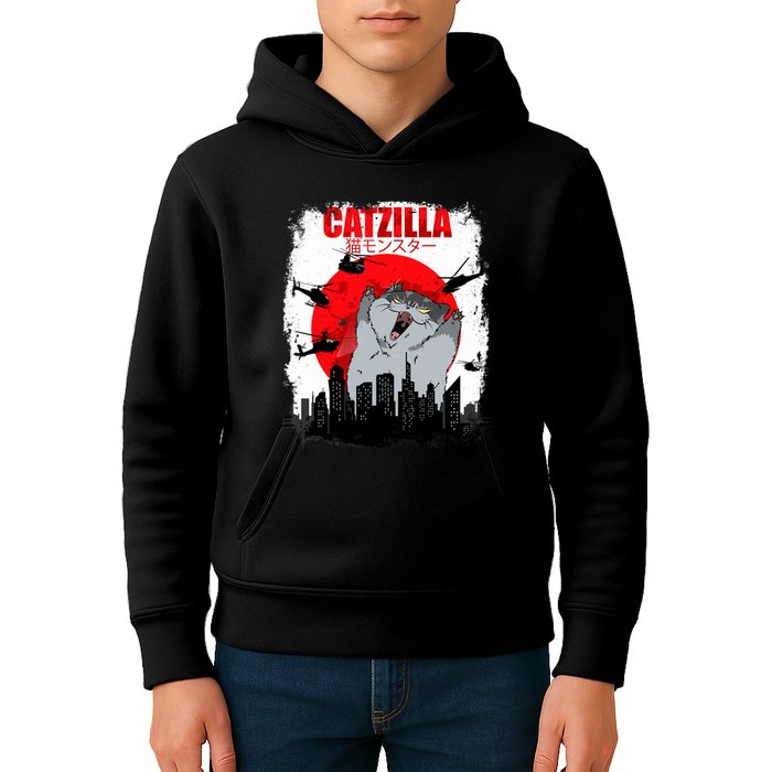 Catzilla Funny Cat Graphic Vintage For Cat Lover Kids Hoodie