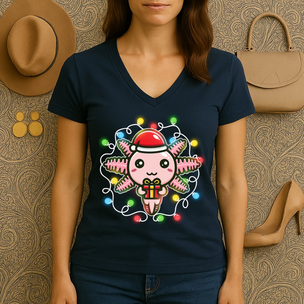 Cute Festive Christmas Santa Axolotl Women's V-Neck T-Shirt