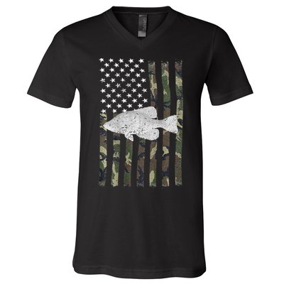 Crappie Fishing Camo Flag (On Back) V-Neck T-Shirt