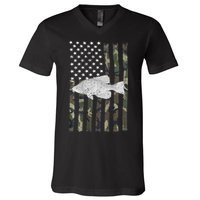 Crappie Fishing Camo Flag (On Back) V-Neck T-Shirt