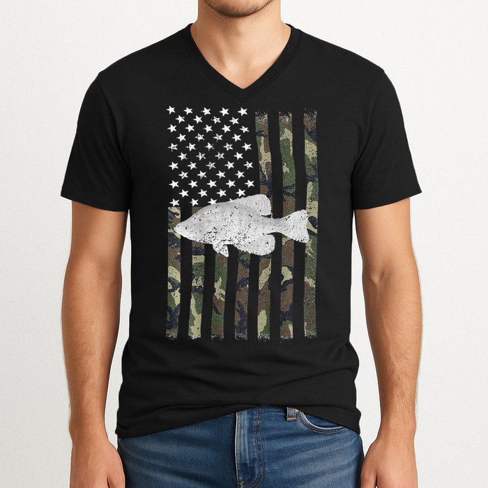 Crappie Fishing Camo Flag (On Back) V-Neck T-Shirt