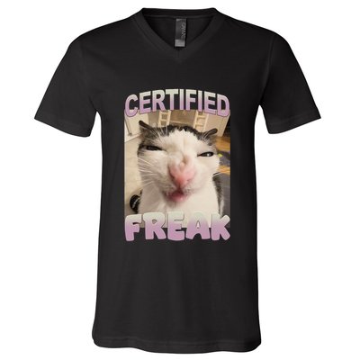 Certified Freak Cat Meme Funny Pet Humor V-Neck T-Shirt