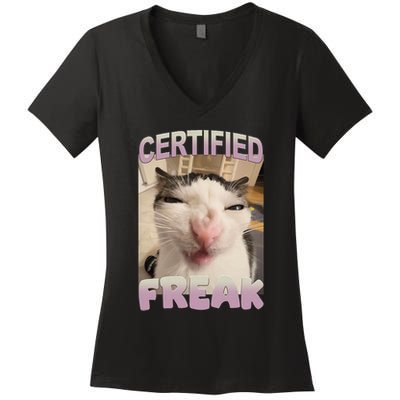 Certified Freak Cat Meme Funny Pet Humor Women's V-Neck T-Shirt