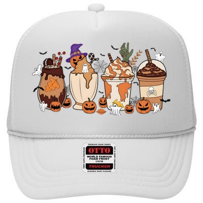 Corgi Fall Coffee Pumpkin Halloween Witch High Crown Mesh Back Trucker Hat