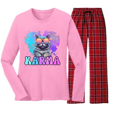 Cute Funny Cat Lover Heart Shape Karma Women's Long Sleeve Flannel Pajama Set 