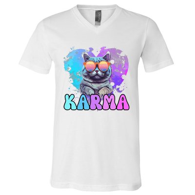 Cute Funny Cat Lover Heart Shape Karma V-Neck T-Shirt