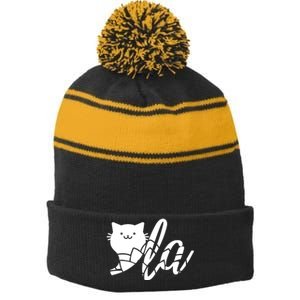 Cute Funny Comma La Cat Kamala Harris 2024 Lotus For Potus Stripe Pom Pom Beanie