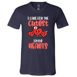 Care For Cutest Little Hearts Nurse Valentines Day Nursing V-Neck T-Shirt