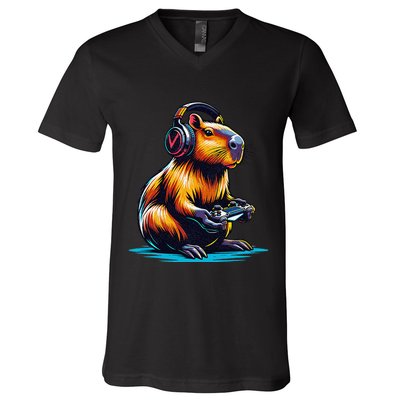 Capybara Funny Capybara Rodent & Video Games Lover V-Neck T-Shirt