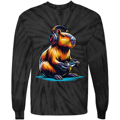 Capybara Funny Capybara Rodent & Video Games Lover Tie-Dye Long Sleeve Shirt
