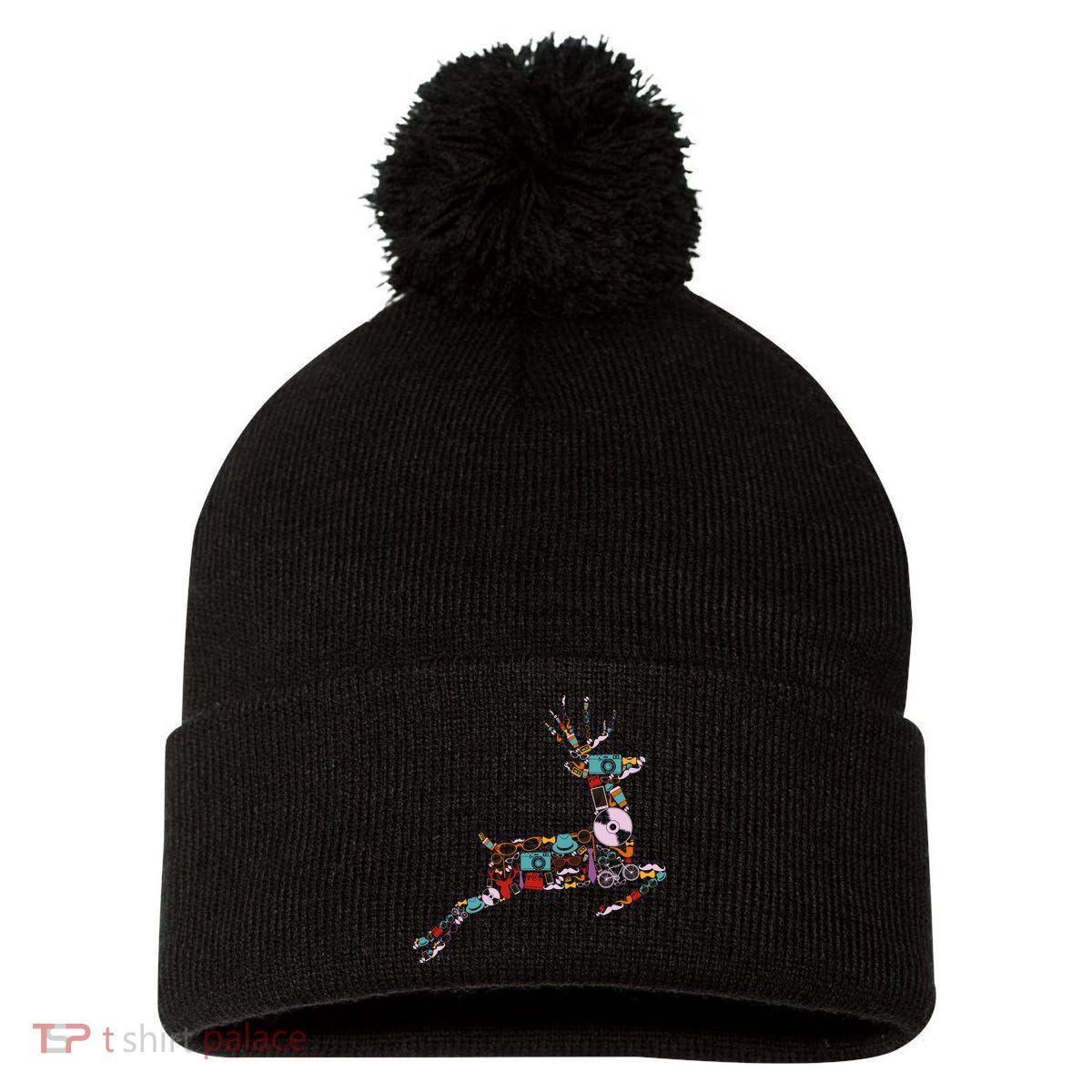 Cool Festive Christmas Gifts Pattern Reindeer Pom Pom 12in Knit Beanie