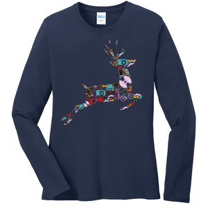 Cool Festive Christmas Gifts Pattern Reindeer Ladies Long Sleeve Shirt