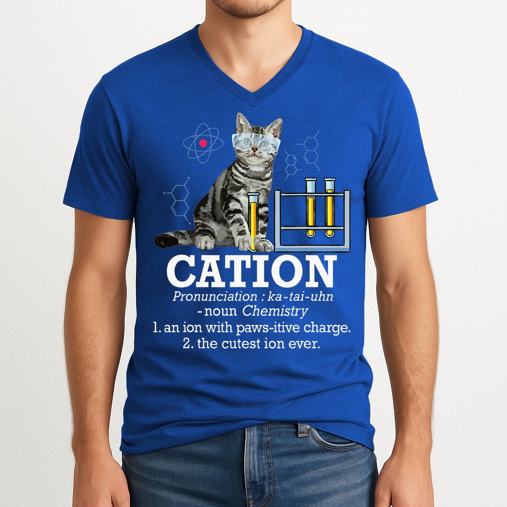 Cation Funny Chemistry Humor Science Teacher Cat Pun V-Neck T-Shirt