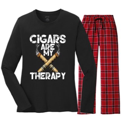 Cool Funny Cigar For Men Cigars Are My Therapy Women's Long Sleeve Flannel Pajama Set 