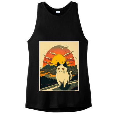 Catzilla Funny Ca Vintage Ca Cat Lover Wave Ladies PosiCharge Tri-Blend Wicking Tank