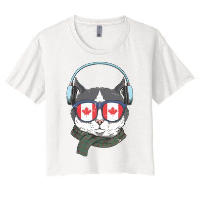 Canada Flag Canadian Cat Sunglasses Funny Women's Crop Top Tee