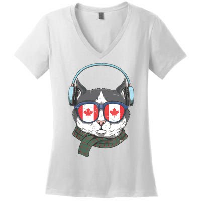 Canada Flag Canadian Cat Sunglasses Funny Women's V-Neck T-Shirt