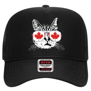 Canada Flag Canadian Cat Sunglasses Funny High Crown Mesh Back Trucker Hat