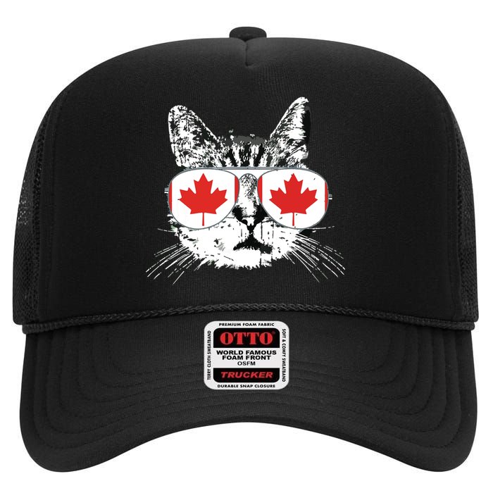 Canada Flag Canadian Cat Sunglasses Funny High Crown Mesh Back Trucker Hat