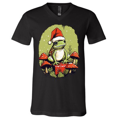 Christmas Frog Cottagecore Cute Mushroom Aesthetic Xmas V-Neck T-Shirt