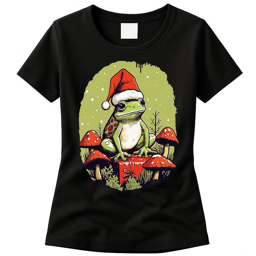 Christmas Frog Cottagecore Cute Mushroom Aesthetic Xmas Womens T-Shirt