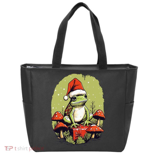Christmas Frog Cottagecore Cute Mushroom Aesthetic Xmas Zip Tote Bag