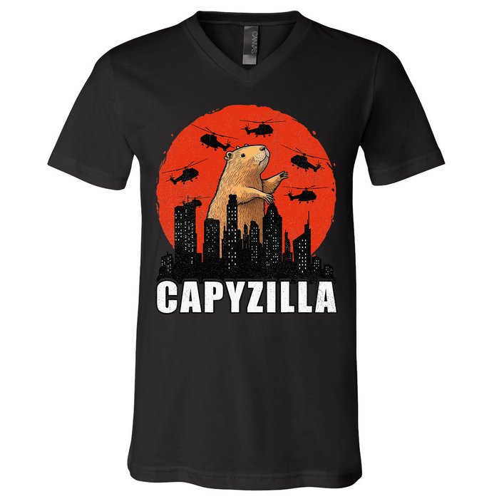 Capybara Funny Capybara Rodent Capyzilla Funny V-Neck T-Shirt
