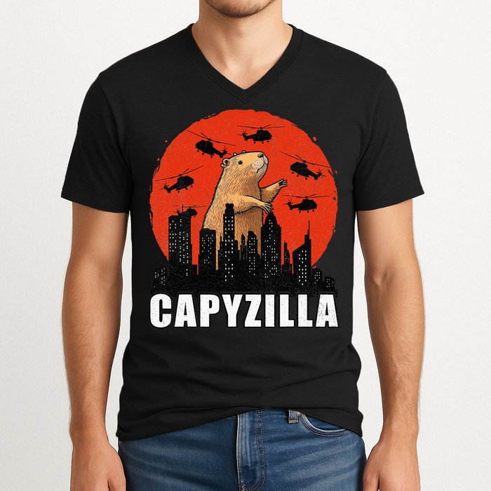 Capybara Funny Capybara Rodent Capyzilla Funny V-Neck T-Shirt