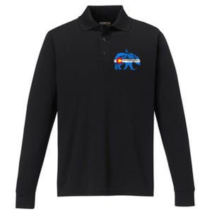 Colorado Flag Design Mountains And Bear Landscape Graphic Gift Performance Long Sleeve Polo