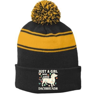 Cute Floral Dachshund Dog Just A Girl Who Loves Dachshunds Gift Stripe Pom Pom Beanie