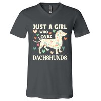 Cute Floral Dachshund Dog Just A Girl Who Loves Dachshunds Gift V-Neck T-Shirt