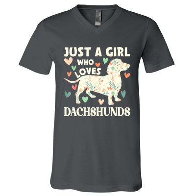 Cute Floral Dachshund Dog Just A Girl Who Loves Dachshunds Gift V-Neck T-Shirt