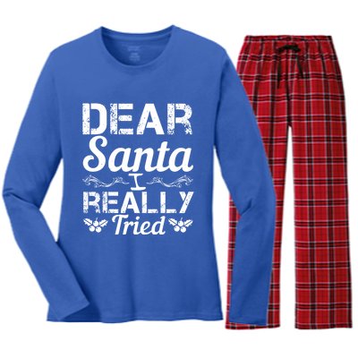 Christmas Funny Dear Santa I Really Tried Cool Gift Women's Long Sleeve Flannel Pajama Set 