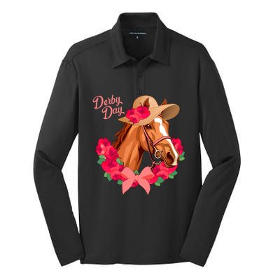 Cute Floral Derby Day Horse Silk Touch Performance Long Sleeve Polo