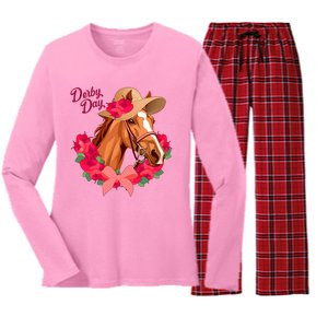 Cute Floral Derby Day Horse Women's Long Sleeve Flannel Pajama Set 