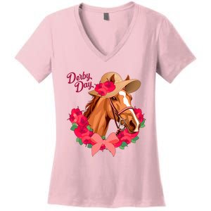 Cute Floral Derby Day Horse Women's V-Neck T-Shirt