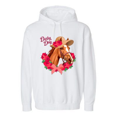 Cute Floral Derby Day Horse Garment-Dyed Fleece Hoodie