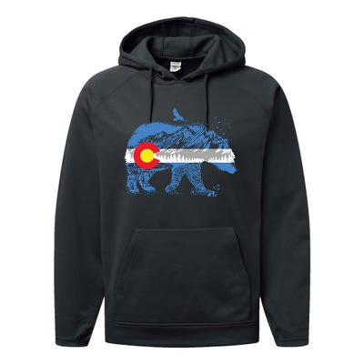 Colorado Flag Design Mountains And Bear Landscape Graphic Performance Fleece Hoodie